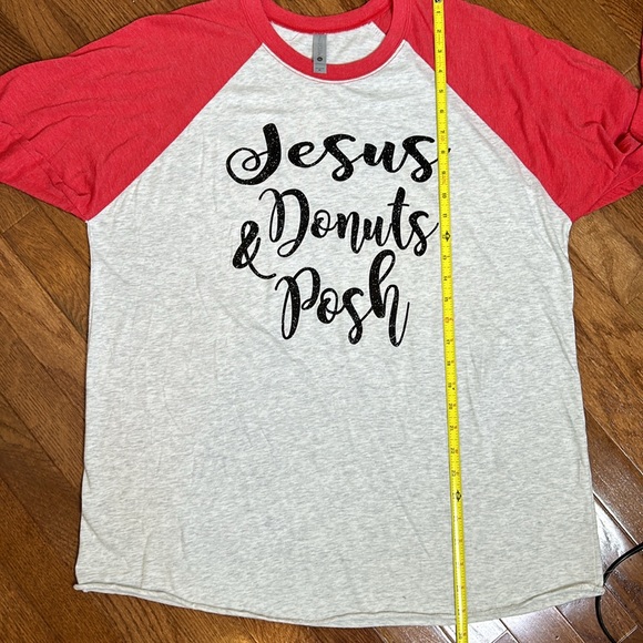 JESUS POSH & DONUTS HEATHER GRAY WITH RED SLEEVES RAGLAN TEE SHIRT TOP SPARKLE - Picture 7 of 9